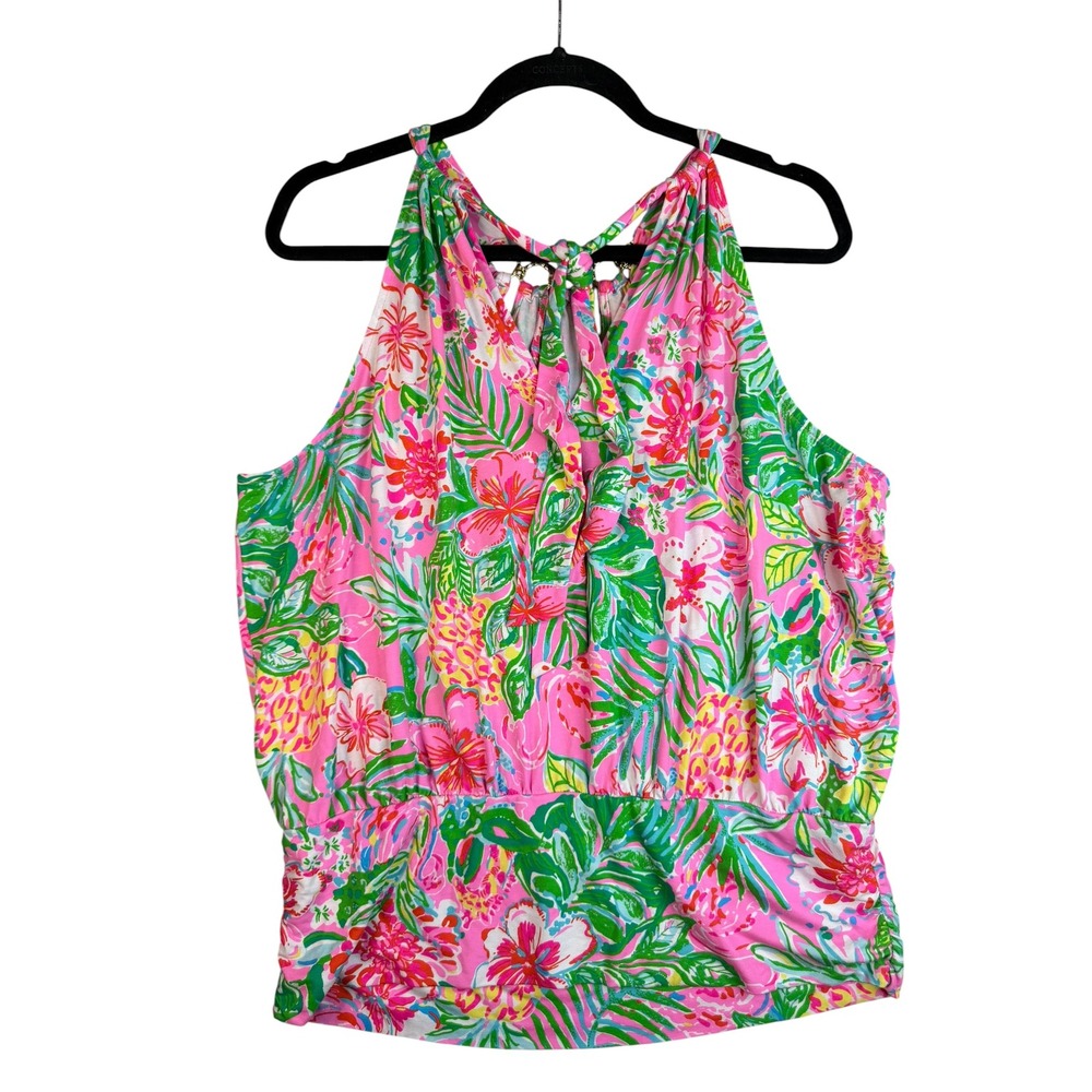 Lilly Pulitzer XL Pink Tropical Floral Halter Top Gold Ring Detail Blouse